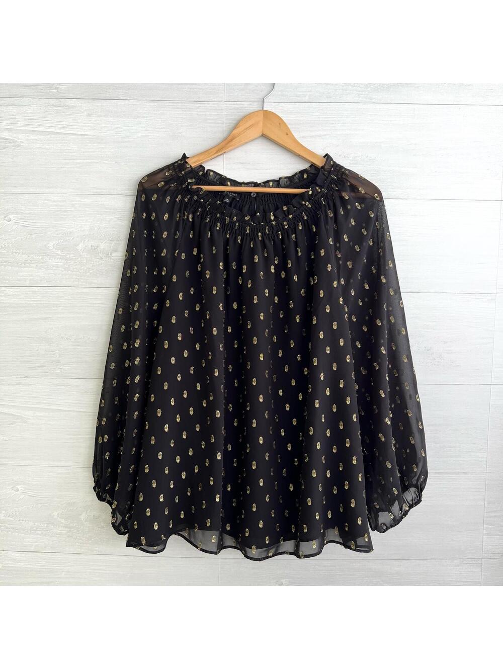Talbots - Black gold Swiss dot chiffon smocked collar long sleeve top, 2X